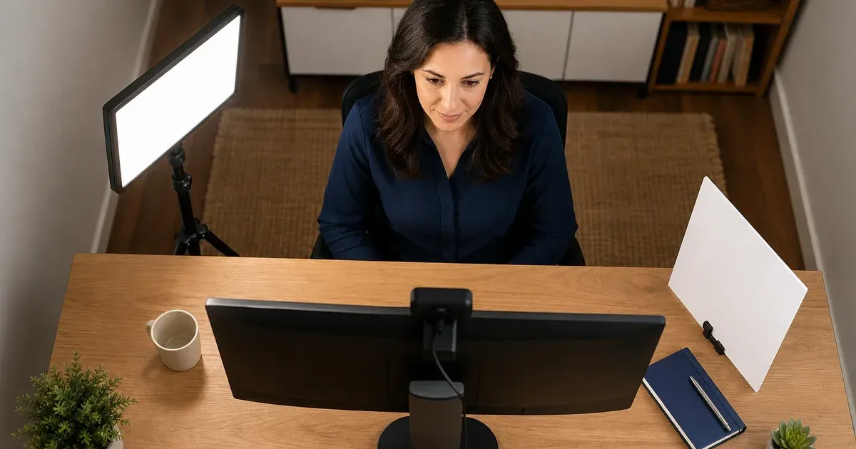 Overhead view of a video-call desk with a panel light placed diagonally to one side of the webcam and a white bounce card opposite
