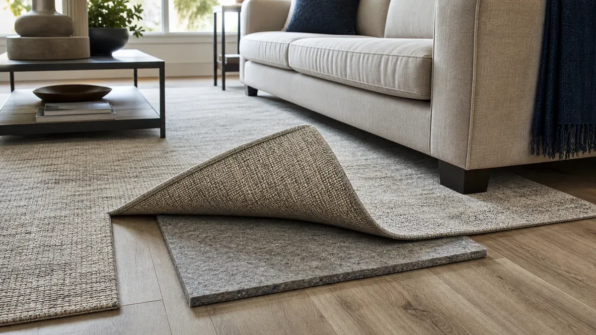 A thick felt rug pad beneath a large area rug anchored by a sofa