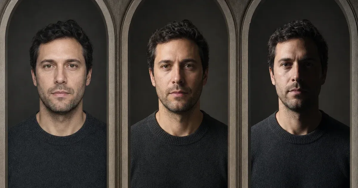 The same face lit directly from the front, at 45 degrees, and from 90 degrees to the side