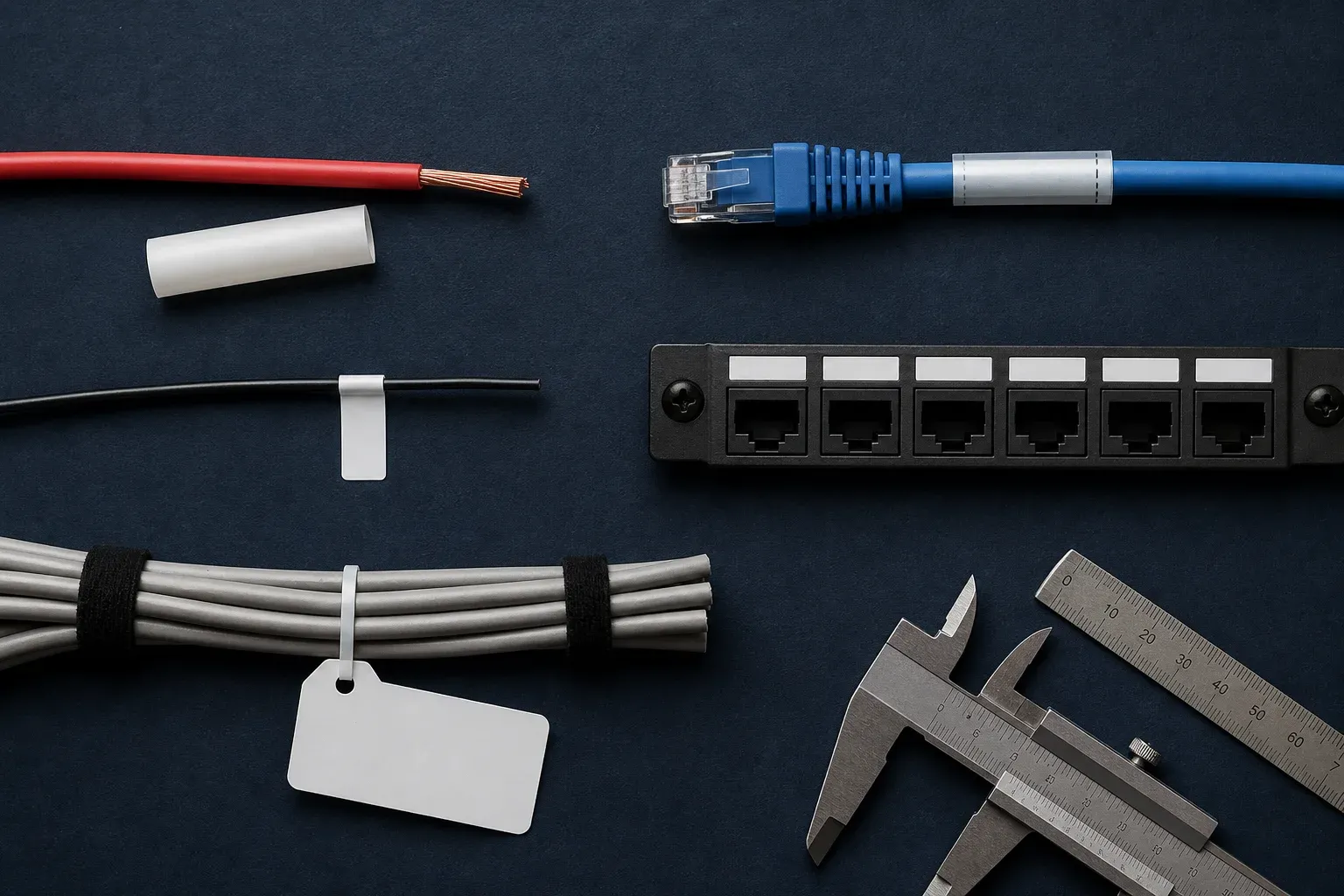 Heat shrink, a self-laminating cable wrap, a flag, patch-panel labels, and a tie-on cable tag arranged by application