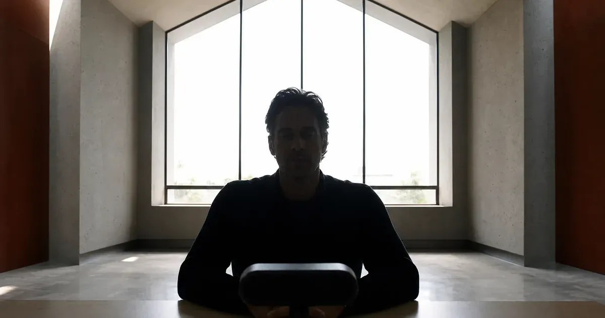 A person appears almost silhouetted on camera because a large bright window is directly behind them