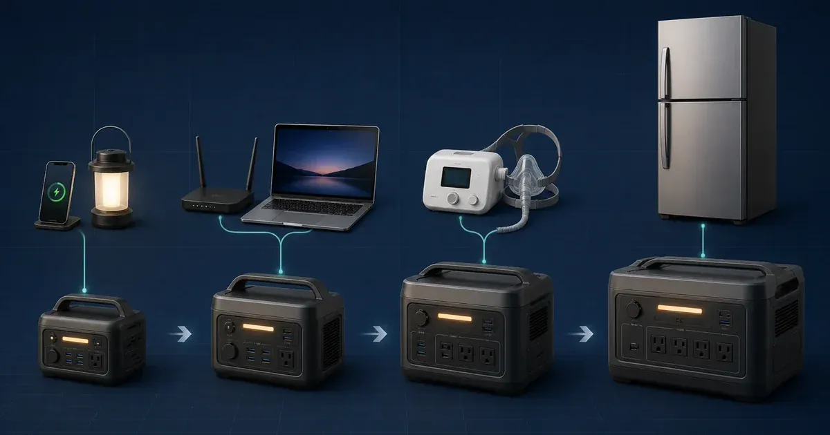 Household loads progressing from a phone and lantern to router and laptop, medical equipment, and a refrigerator with larger battery stations