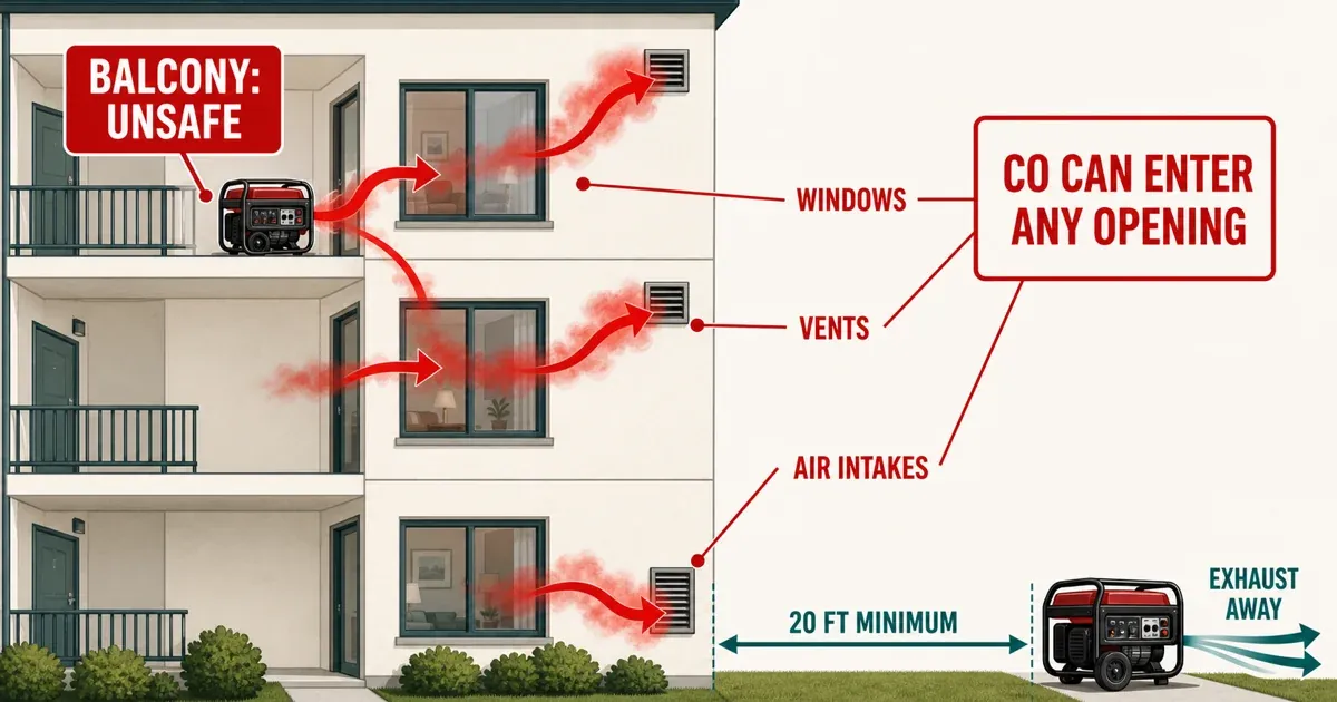 Carbon monoxide from a balcony generator entering apartment windows, vents, and air intakes, contrasted with a generator 20 feet away