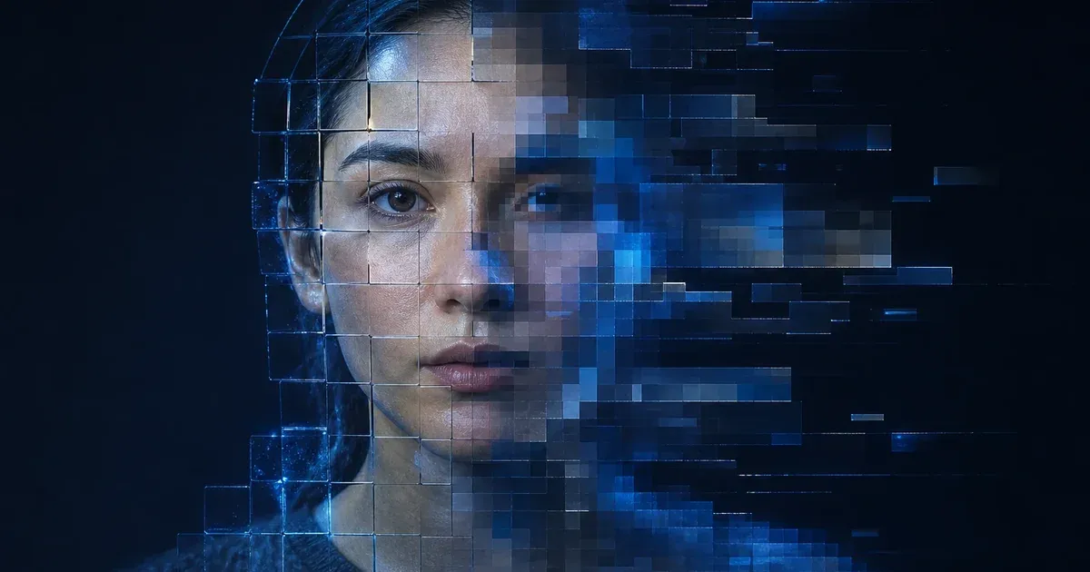 A clear portrait progressively dissolving into large rectangular video-compression blocks