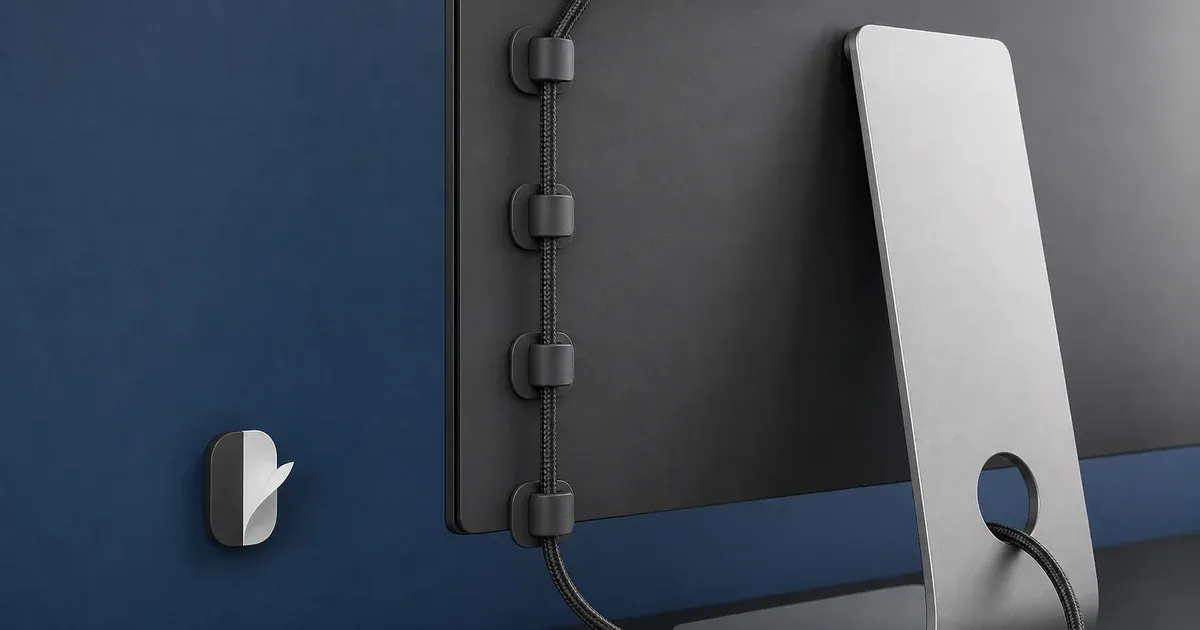 A braided video-light cable routed down the back of a monitor through small removable adhesive clips
