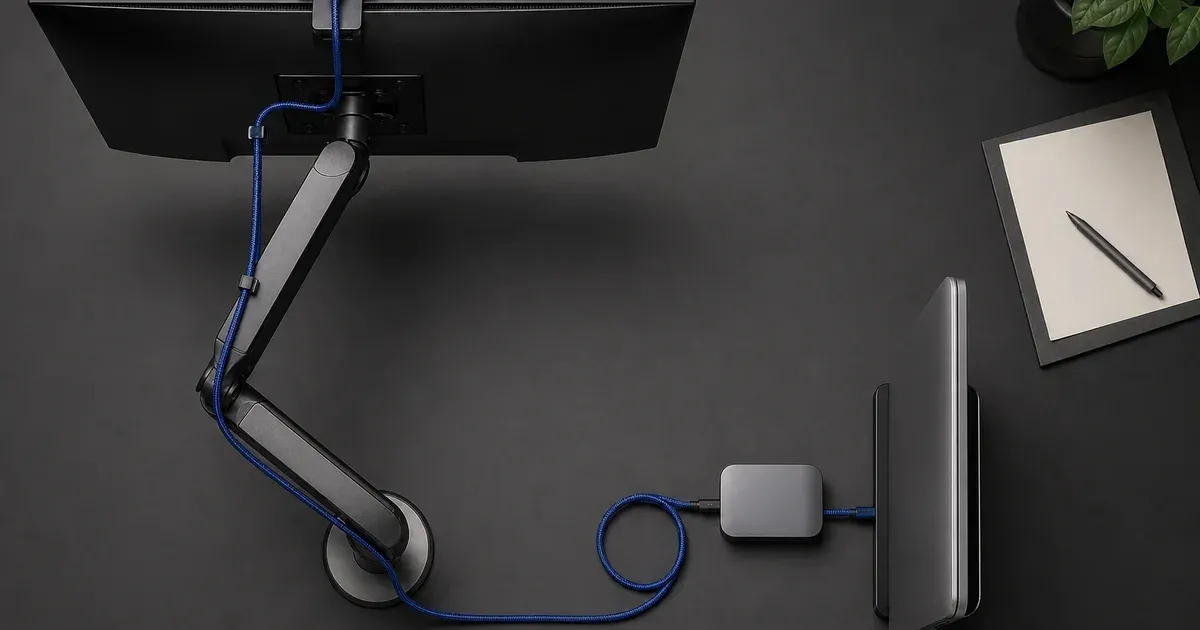 Overhead view of a blue webcam cable routed down a monitor arm to a dock beside a closed laptop