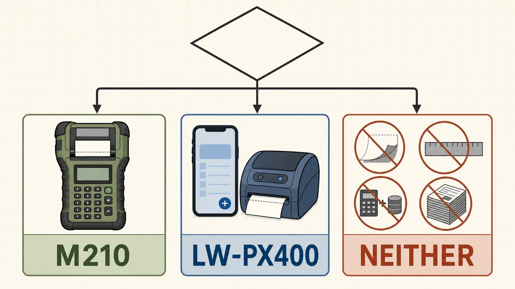 Decision diagram showing when to choose the Brady M210, the Epson LW-PX400, or neither printer
