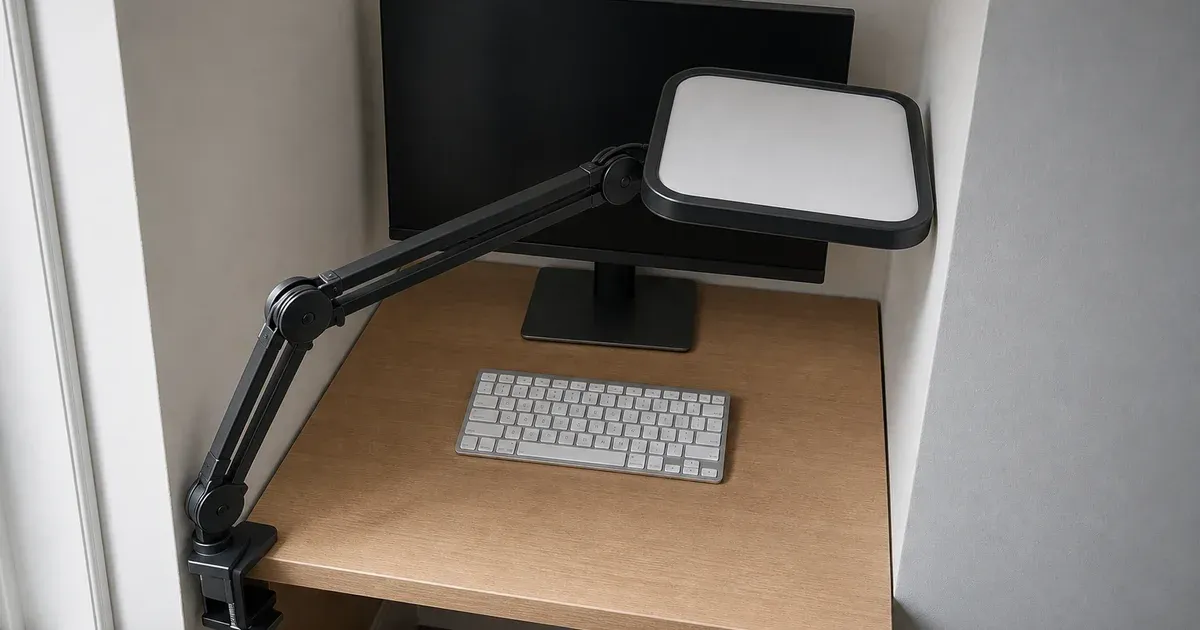 A large clamp-arm light crossing the keyboard area of a tiny desk wedged between two walls