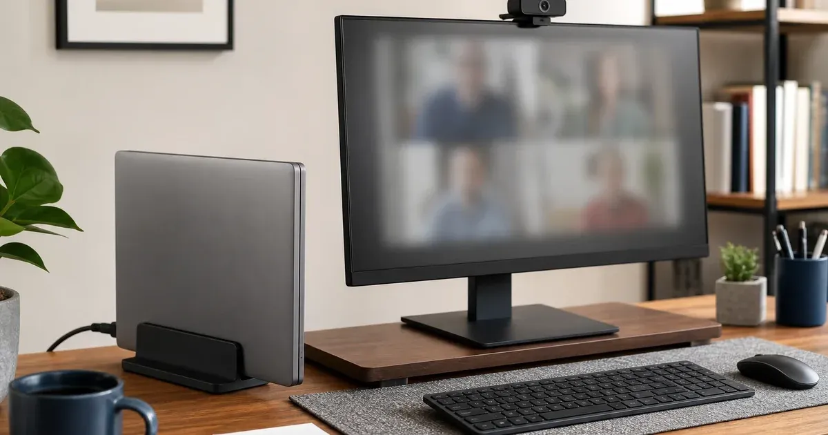 A closed laptop in a vertical dock beside an external monitor with a webcam mounted on top