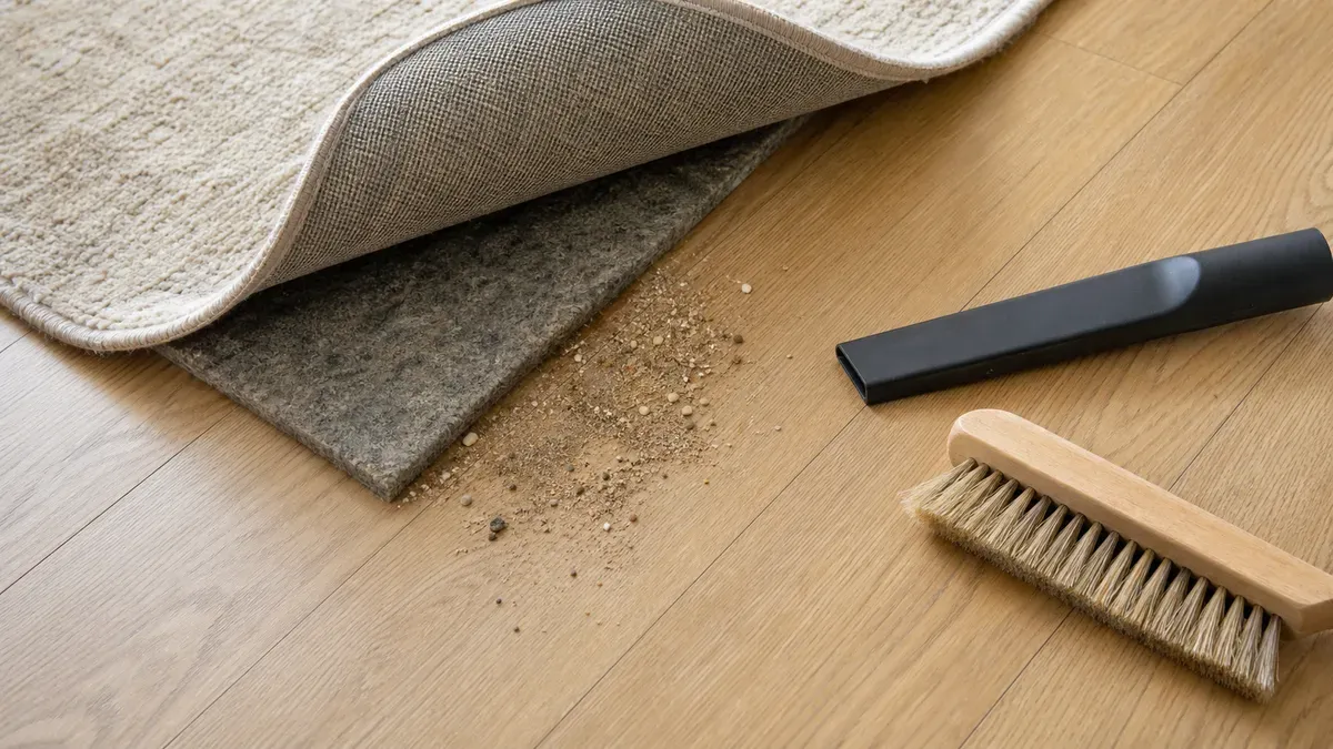 A rug and felt pad lifted to reveal grit on vinyl plank flooring beside cleaning tools