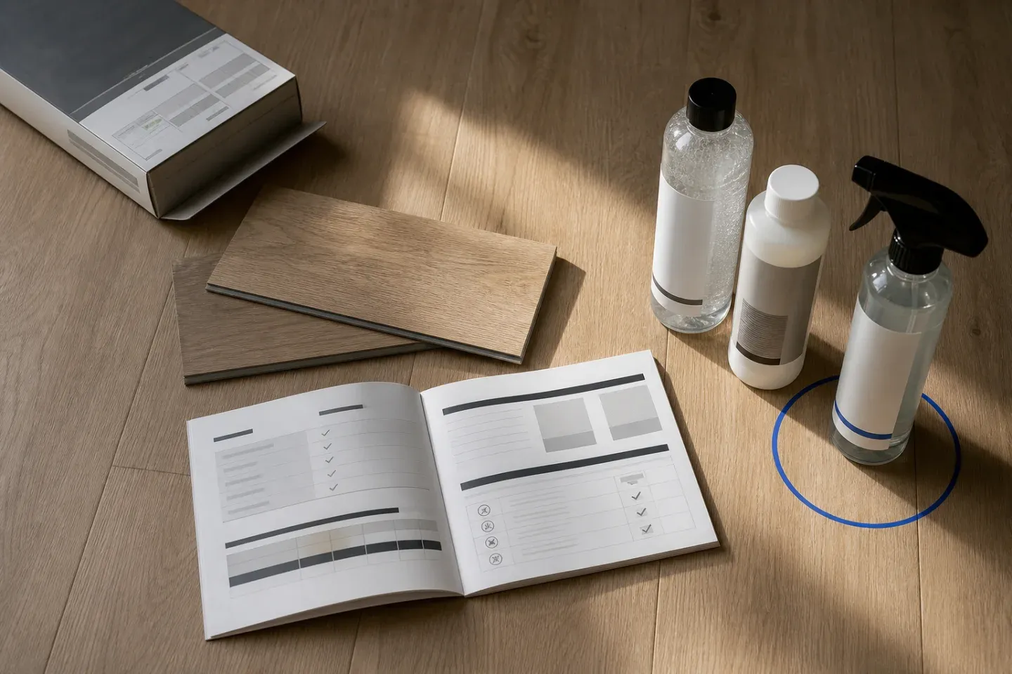LVP samples, an open care guide, and three unbranded cleaners with one option marked by a blue circle