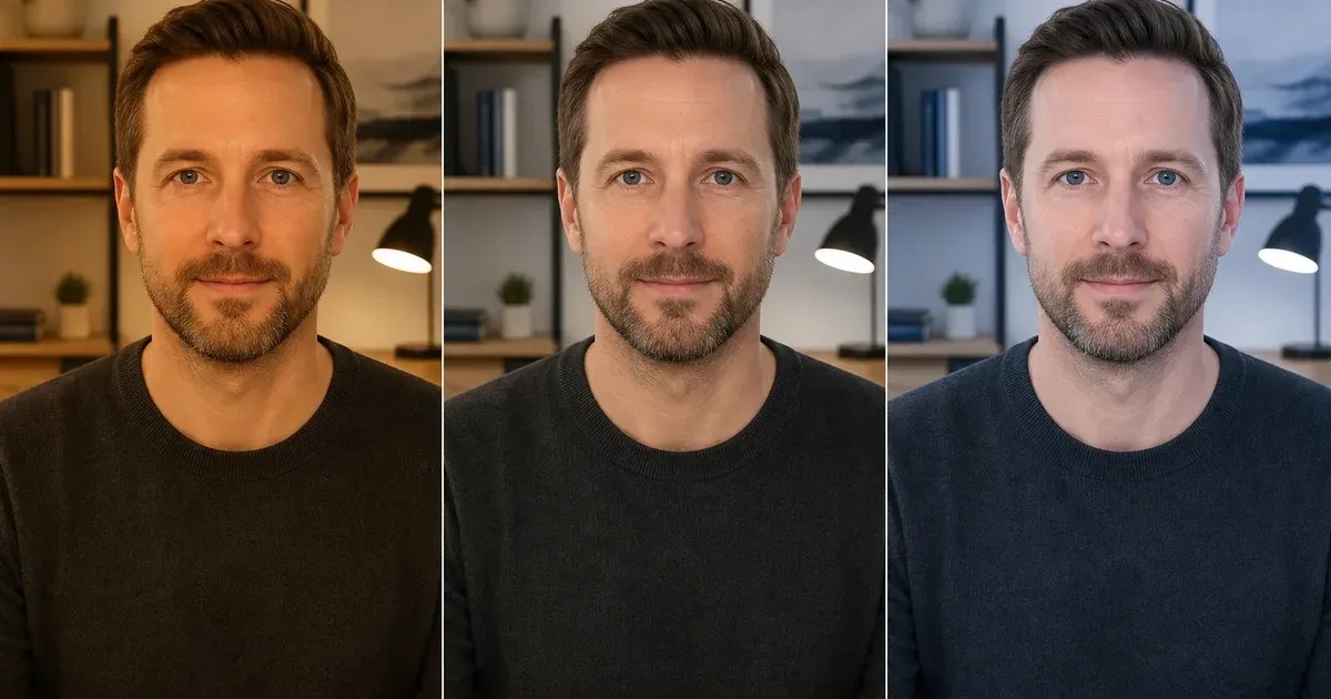 The same face lit with warm, neutral, and cool settings from an adjustable video-call light