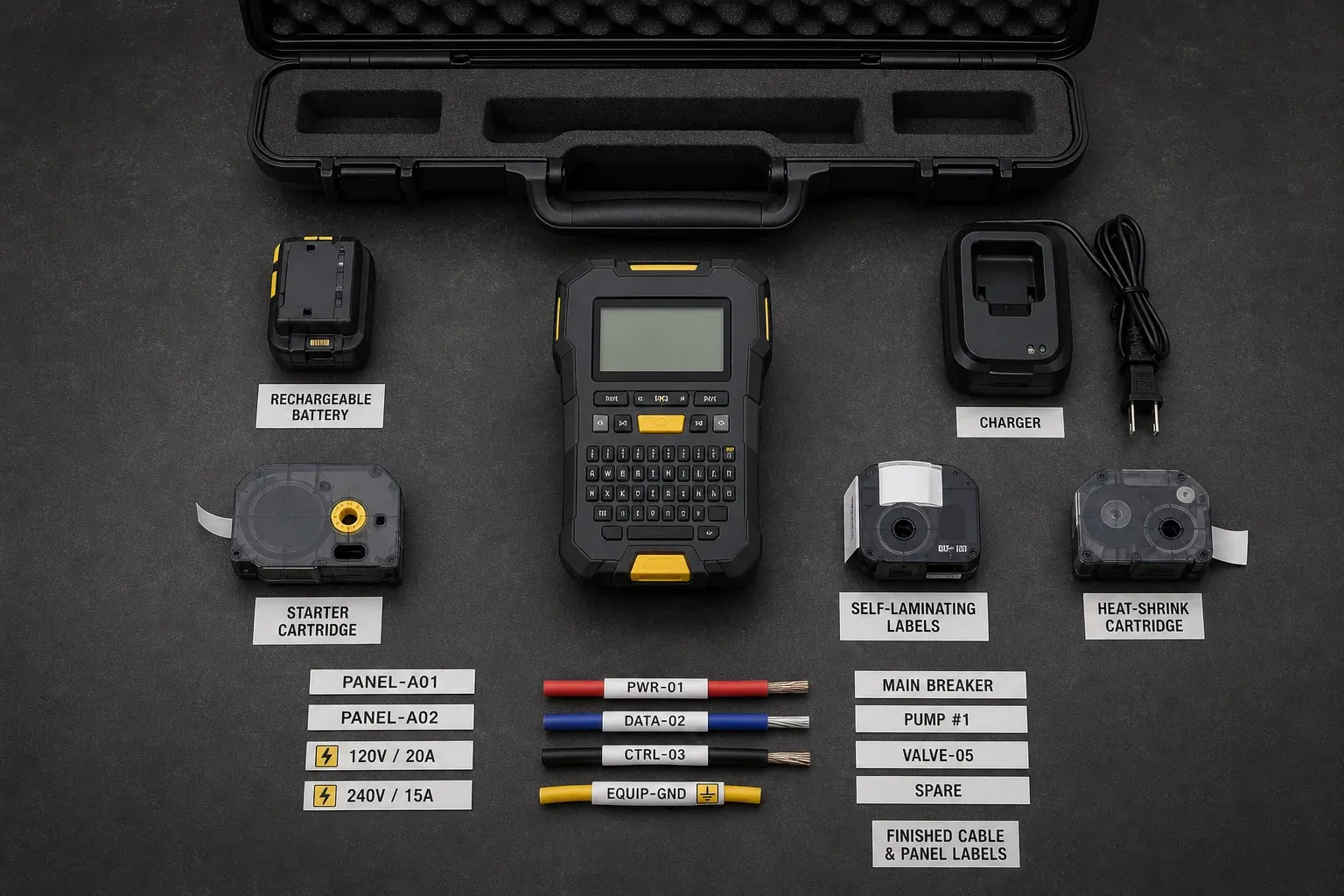 A portable industrial label printer arranged with its case, battery, charger, media cartridges, and finished labels