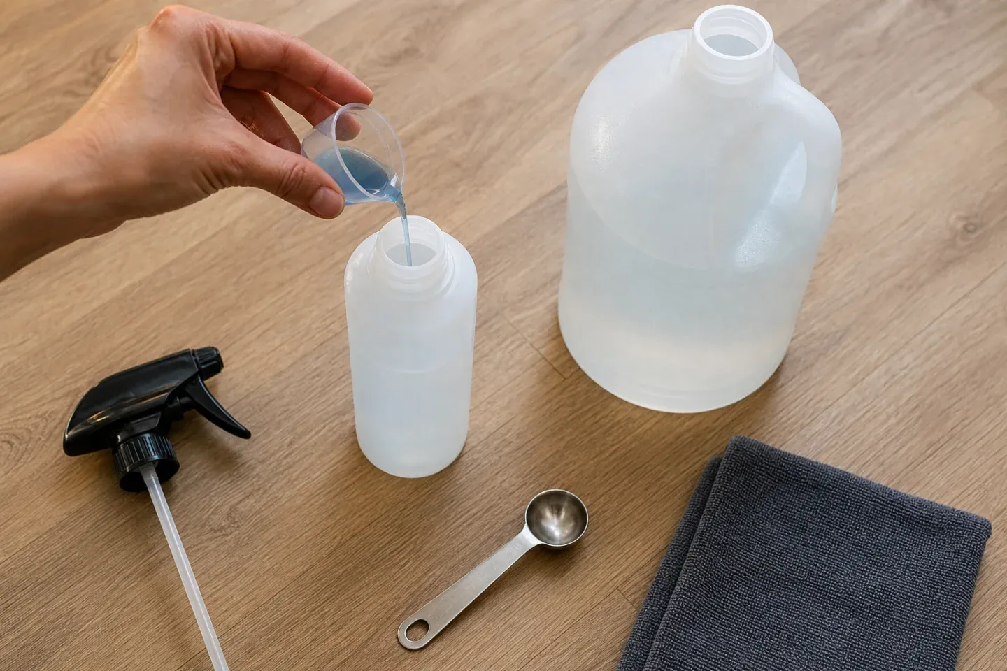 A small measured dose of blue-tinted concentrate being poured into a refillable spray reservoir beside water and a microfiber pad