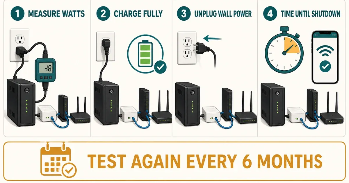 Four-step UPS runtime test: measure network watts, charge fully, unplug wall power, and time shutdown
