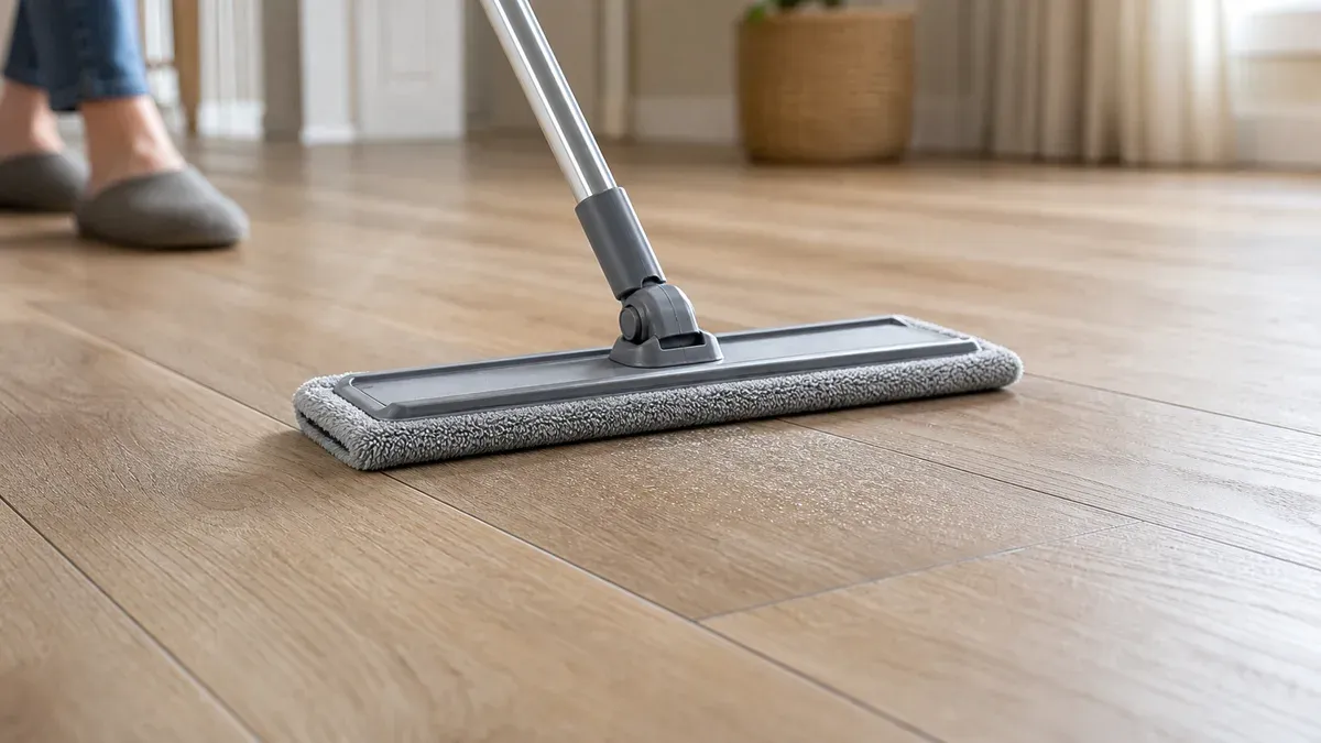 A damp flat microfiber mop crossing the seams of light vinyl plank flooring
