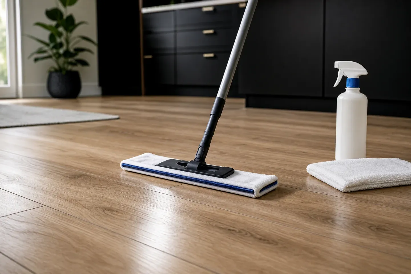 A flat white microfiber mop cleaning oak-look LVP beside an unbranded fine-mist bottle and dry finishing pad