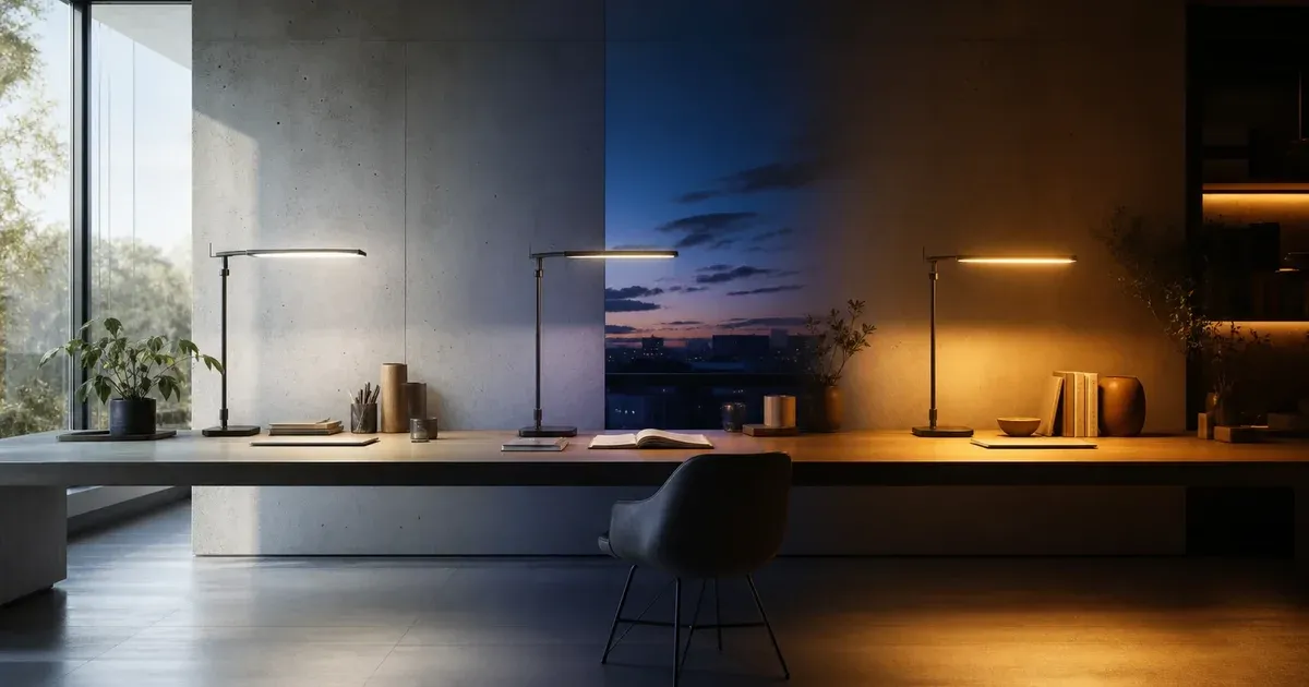 A continuous workspace transitioning from neutral afternoon daylight through blue hour to warm evening lamplight