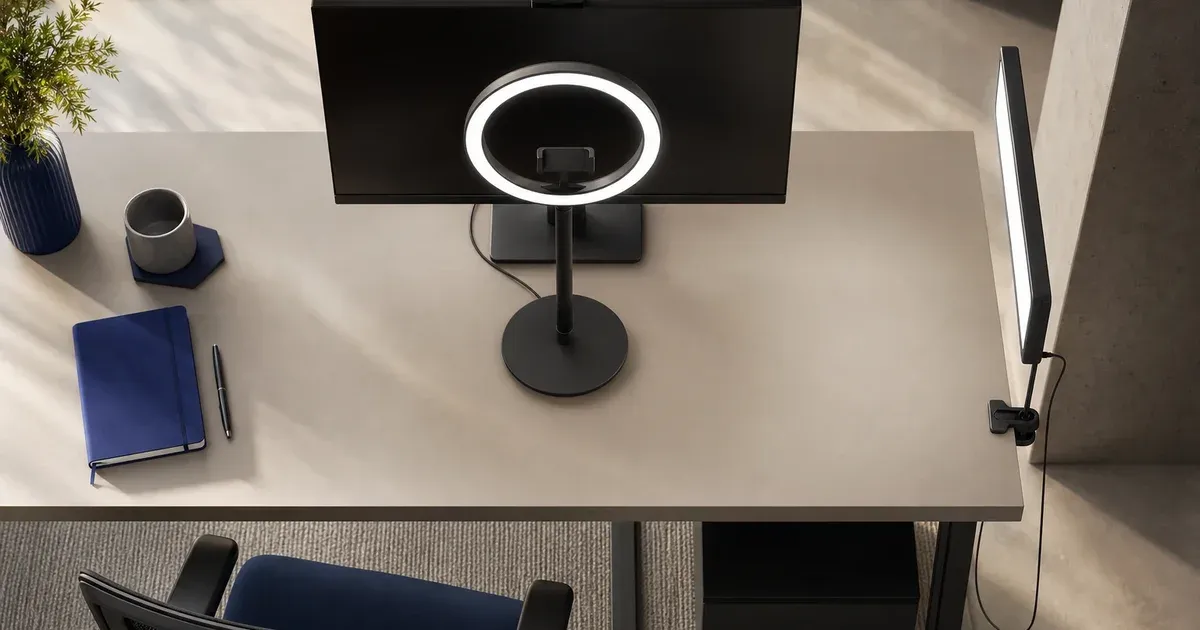 Overhead desk with a ring light on a large central base and a rectangular key light clamped to the side edge