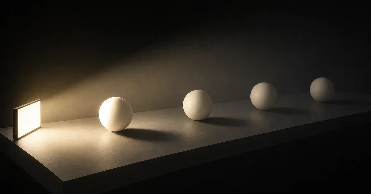 A single panel light illuminating four identical spheres with progressively less intensity as distance increases
