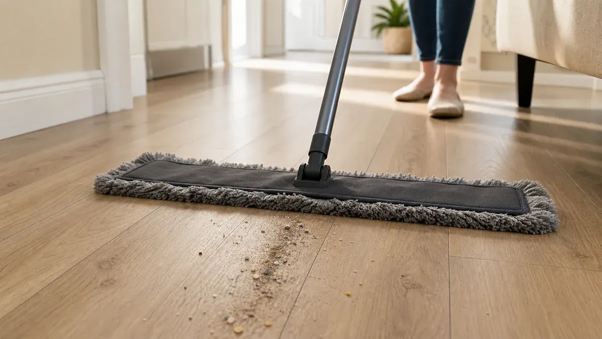 A wide dry microfiber mop gathering a small line of grit from vinyl plank flooring