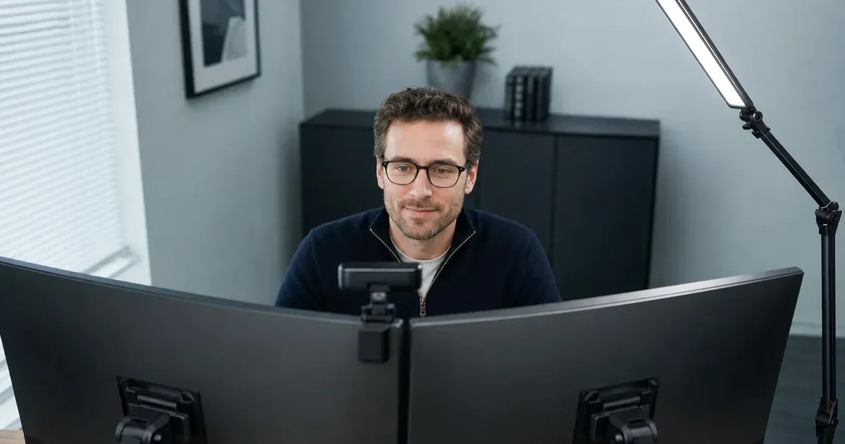 A glasses wearer centered behind two monitors with a webcam between them and a key light clamped beyond one outer edge