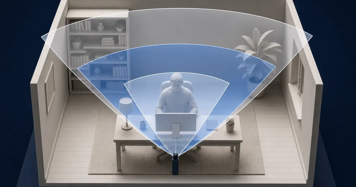 A miniature office with three nested viewing cones showing progressively wider webcam framing