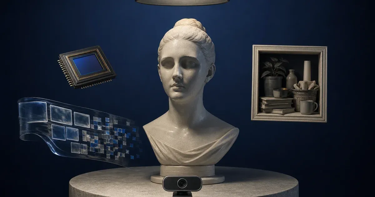 A ceramic portrait bust surrounded by an overhead lamp, low webcam, camera sensor, broken video tiles, and a cluttered background frame