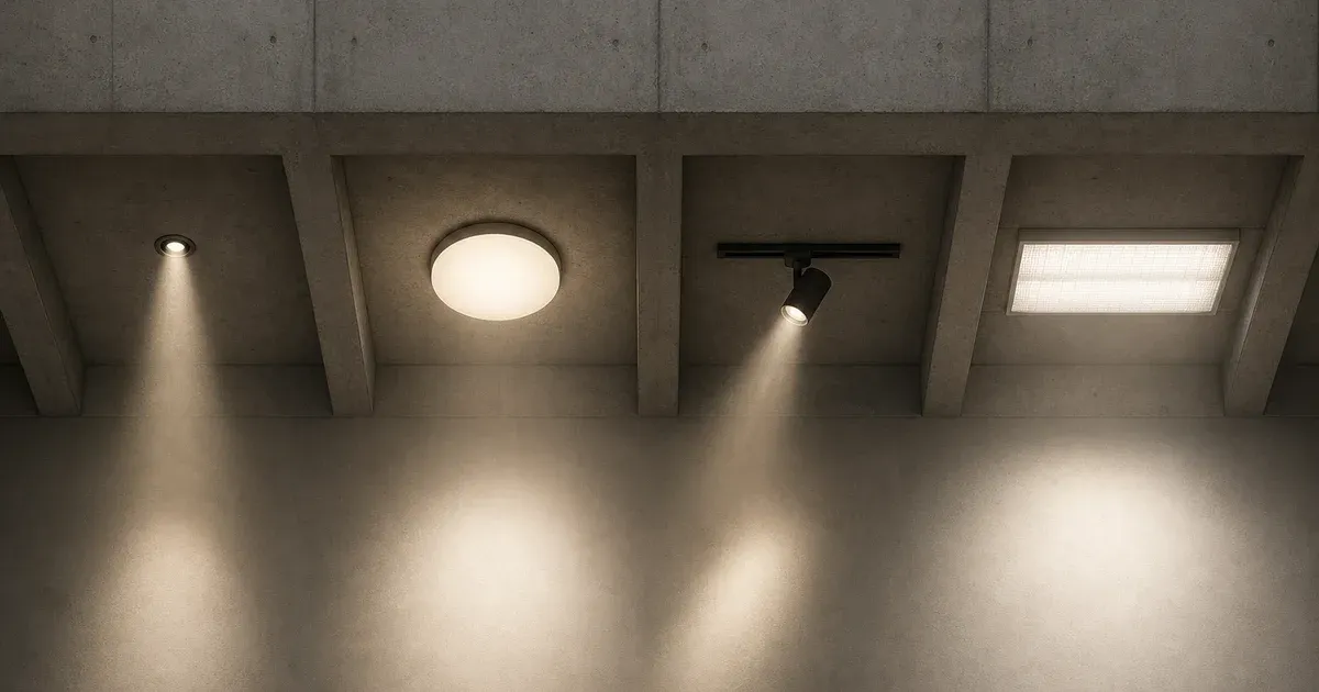 Four ceiling bays containing a recessed can, flush-mount globe, adjustable track light, and rectangular office panel