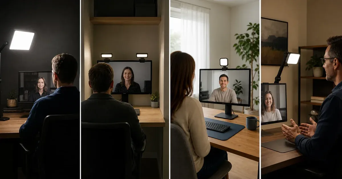 Four video-call desks showing a full panel in a dark office, two monitor lights on a narrow desk, a compact fill light in a bright room, and an off-axis light for a glasses wearer