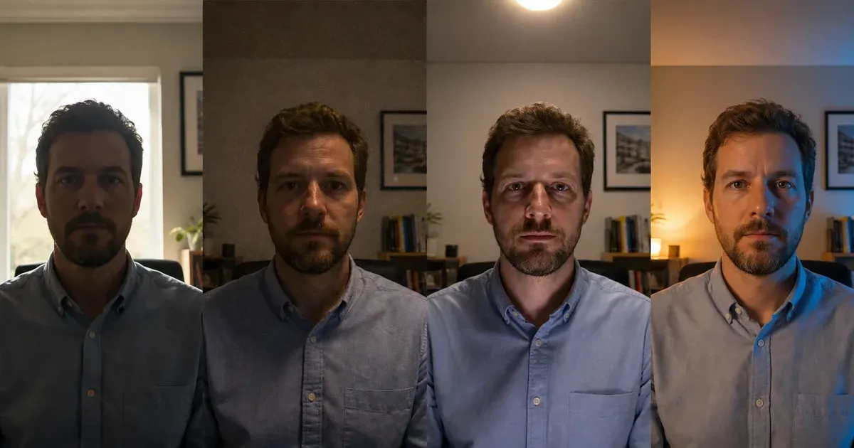 Four views of the same person showing backlighting, dim ambient light, harsh overhead light, and mismatched warm and cool light