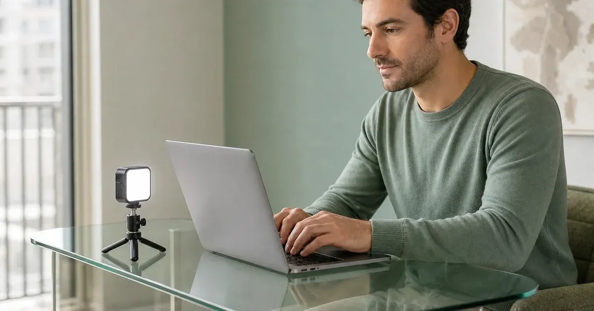 A compact square video light on a mini tripod beside a laptop on a frameless glass desk