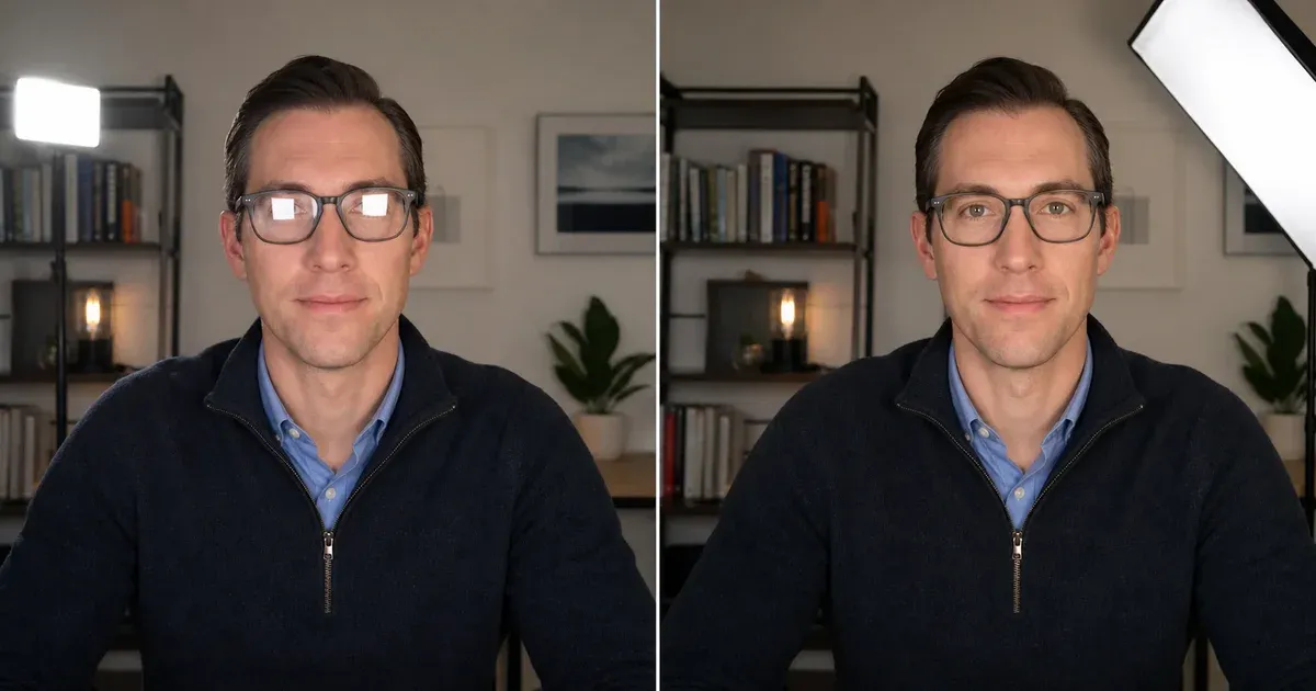 The same glasses wearer with bright rectangular reflections from a direct light and clear lenses after moving a diffused panel off-axis
