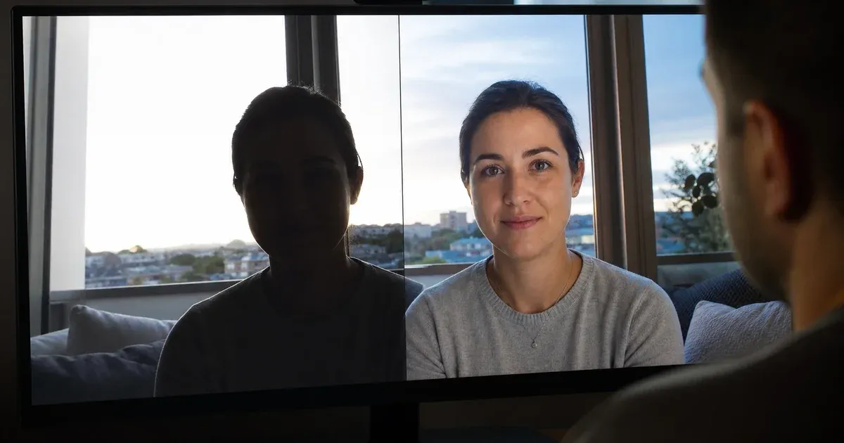 A monitor showing the same person dark against a bright window on one side and more evenly exposed with HDR on the other