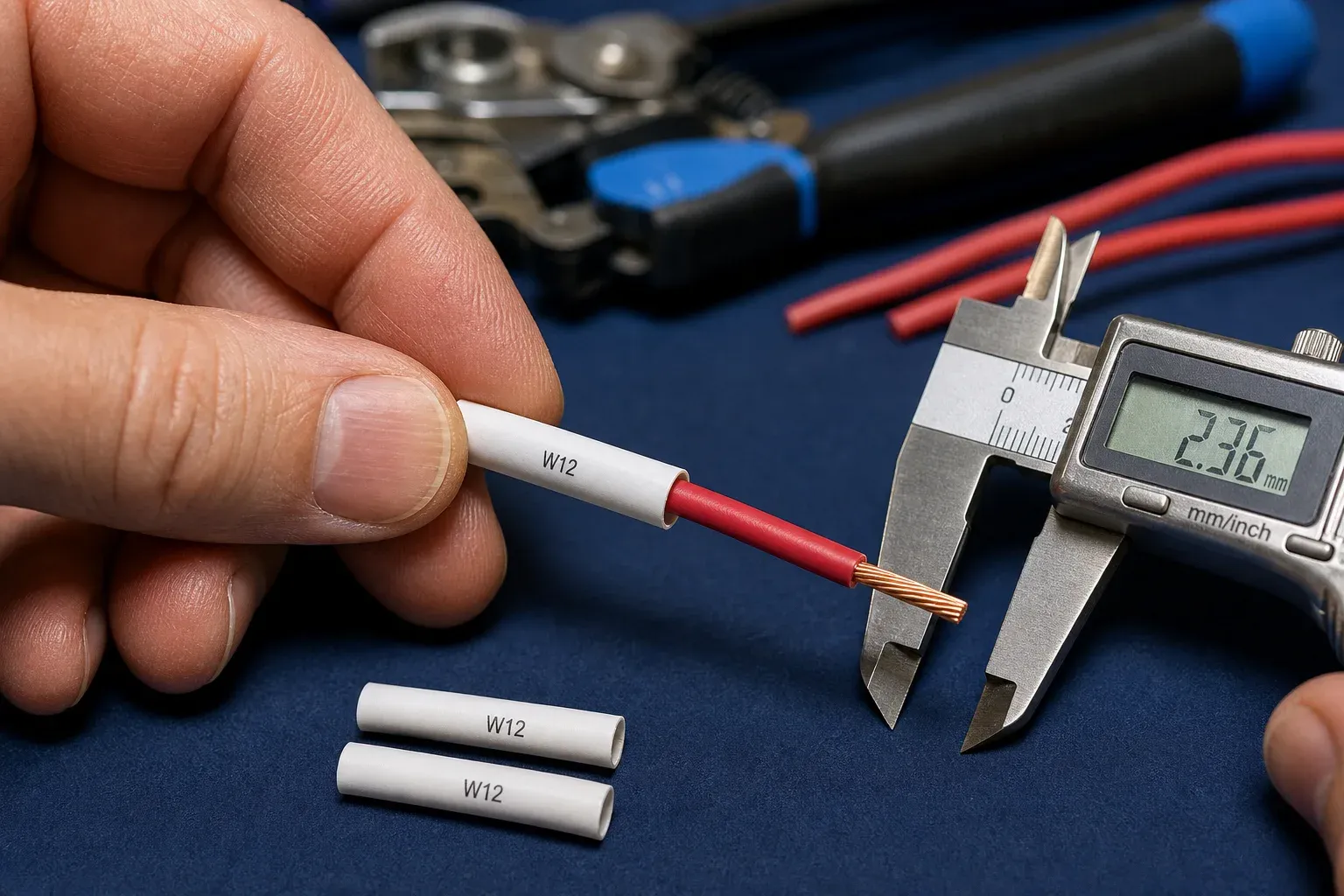 A technician sliding a printable heat-shrink sleeve onto an unterminated red wire beside a digital caliper
