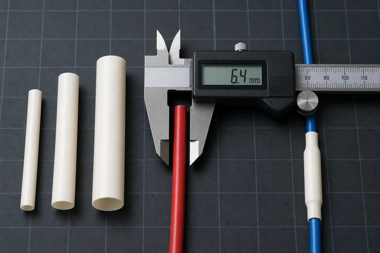 A digital caliper measuring a cable beside three heat-shrink tube sizes and a fitted sleeve