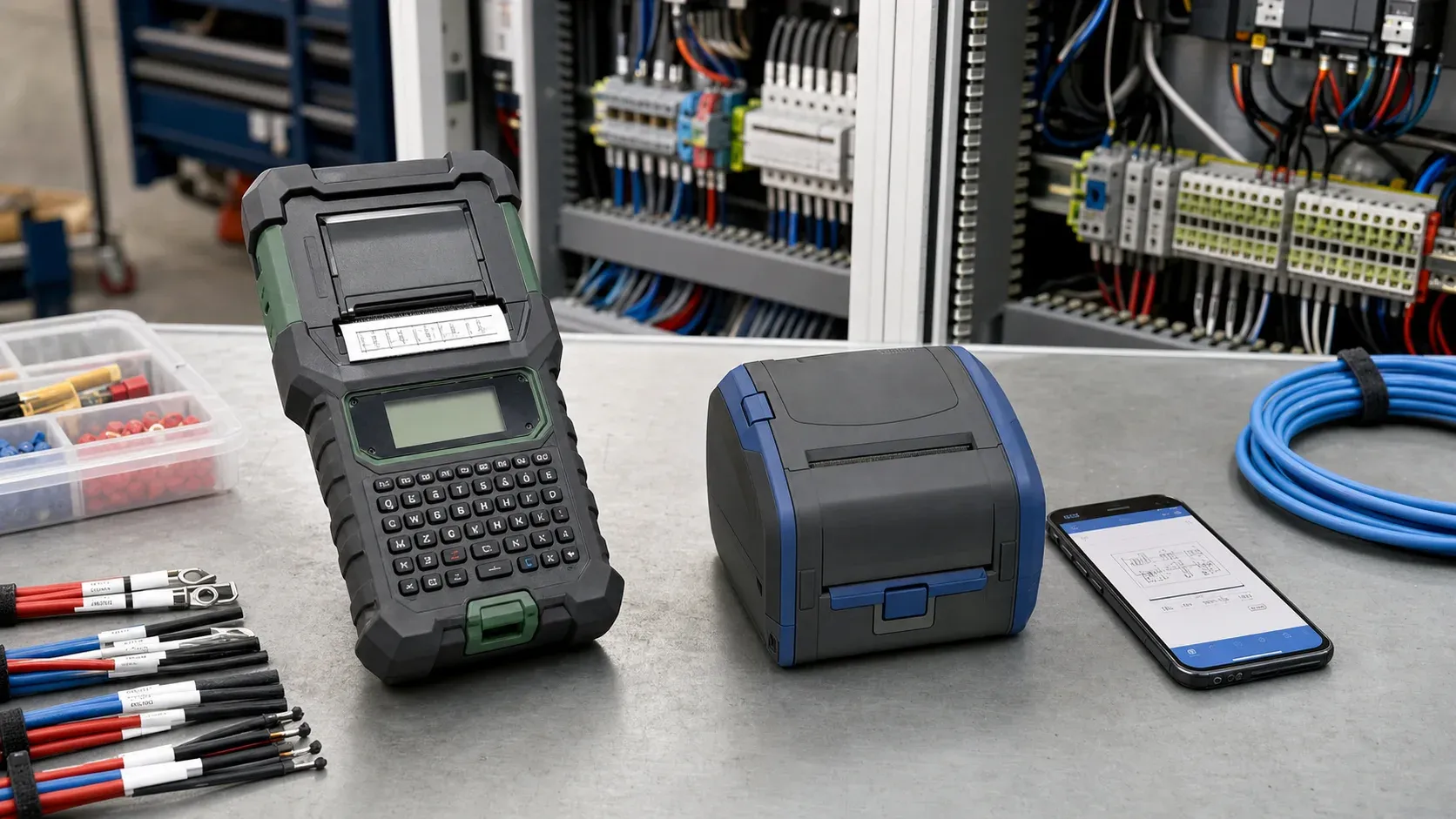 A rugged handheld label printer and a compact connected label printer side by side on a jobsite panel