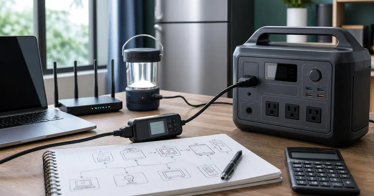 Portable power station, watt meter, calculator, laptop, router, lantern, and refrigerator arranged for backup-power sizing