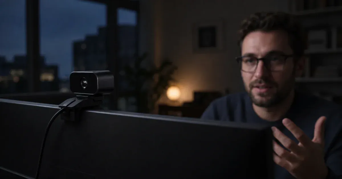 A webcam in sharp focus on a monitor during an evening video call in a dim home office