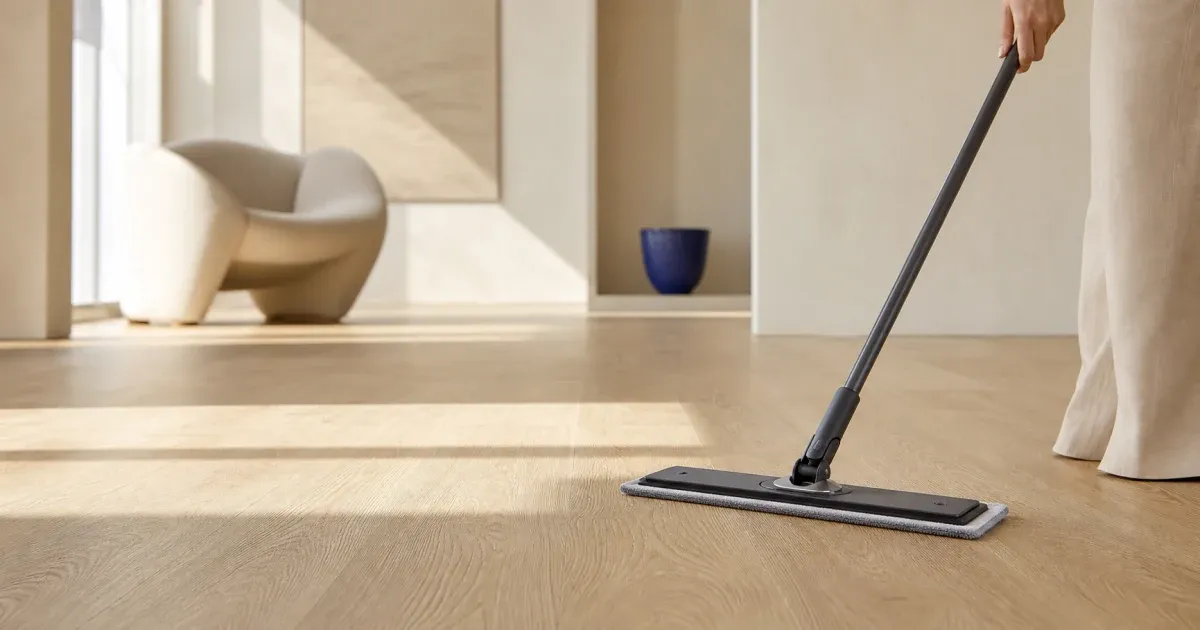 A flat microfiber mop gliding across sunlit light-oak vinyl plank flooring in a minimal interior