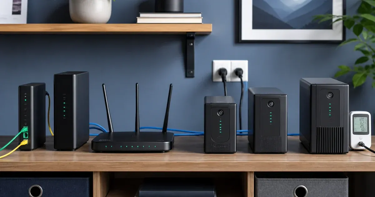 Modem, fiber terminal, Wi-Fi router, watt meter, and three unbranded UPS units on a tidy home-network shelf