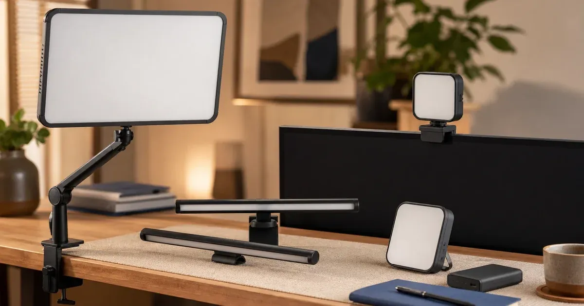 Four unbranded video-call lighting formats arranged on a warm home-office desk