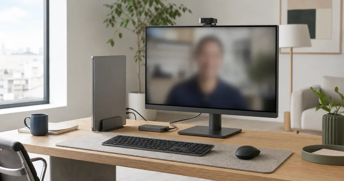 A closed laptop in a vertical stand beside an external monitor with a webcam, keyboard, mouse, dock, and power connection