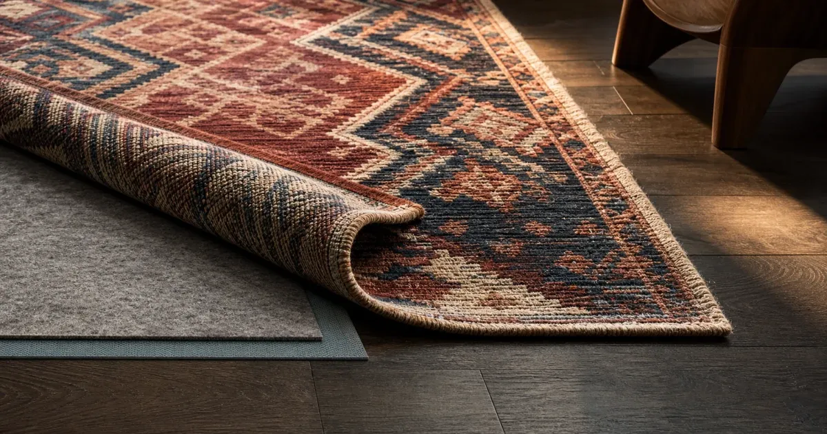 A richly patterned area rug folded back to reveal layered felt and blue-gray padding on dark vinyl planks