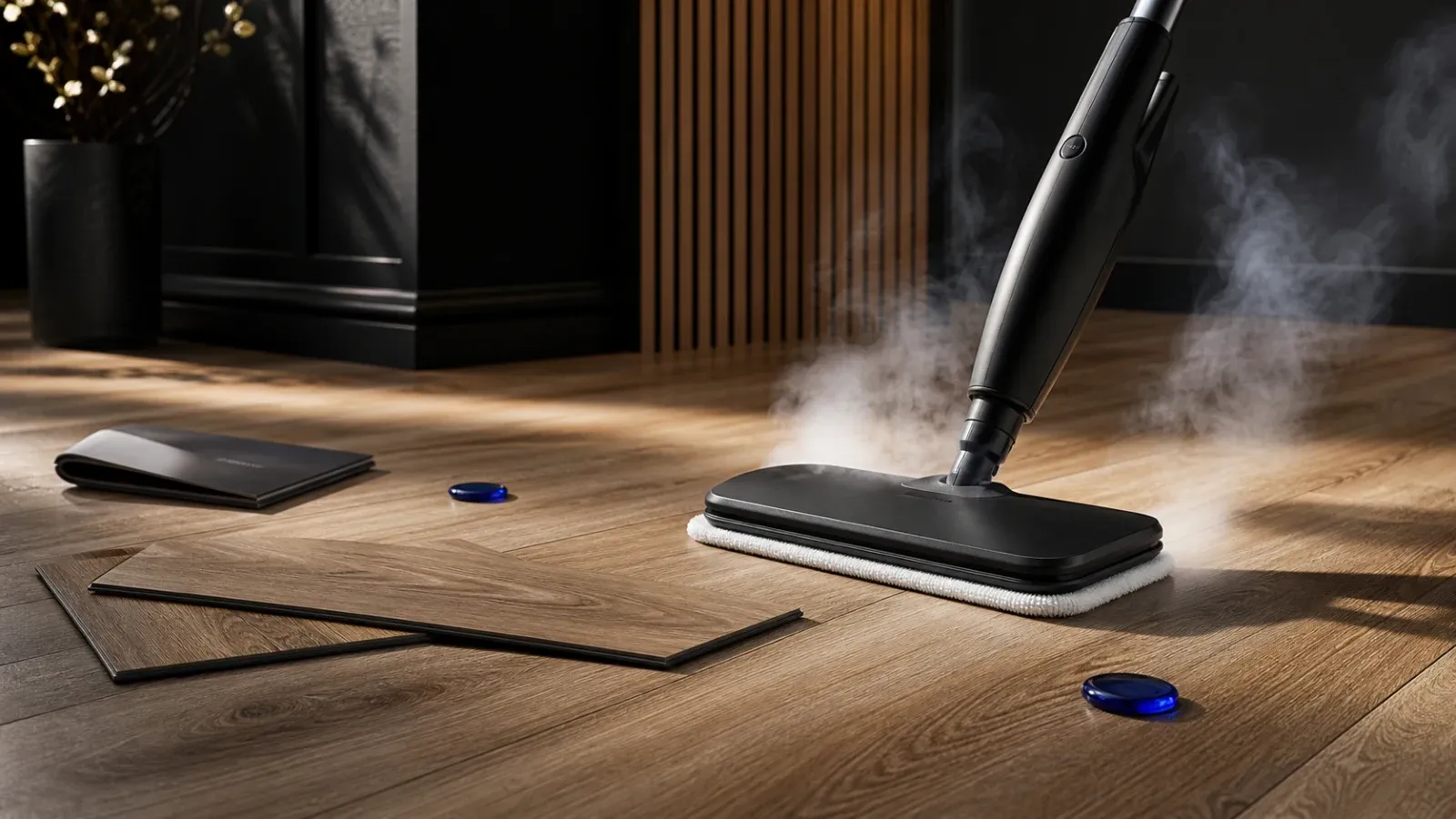 A premium black steam mop emitting vapor over oak-look LVP beside flooring samples and blue glass accents