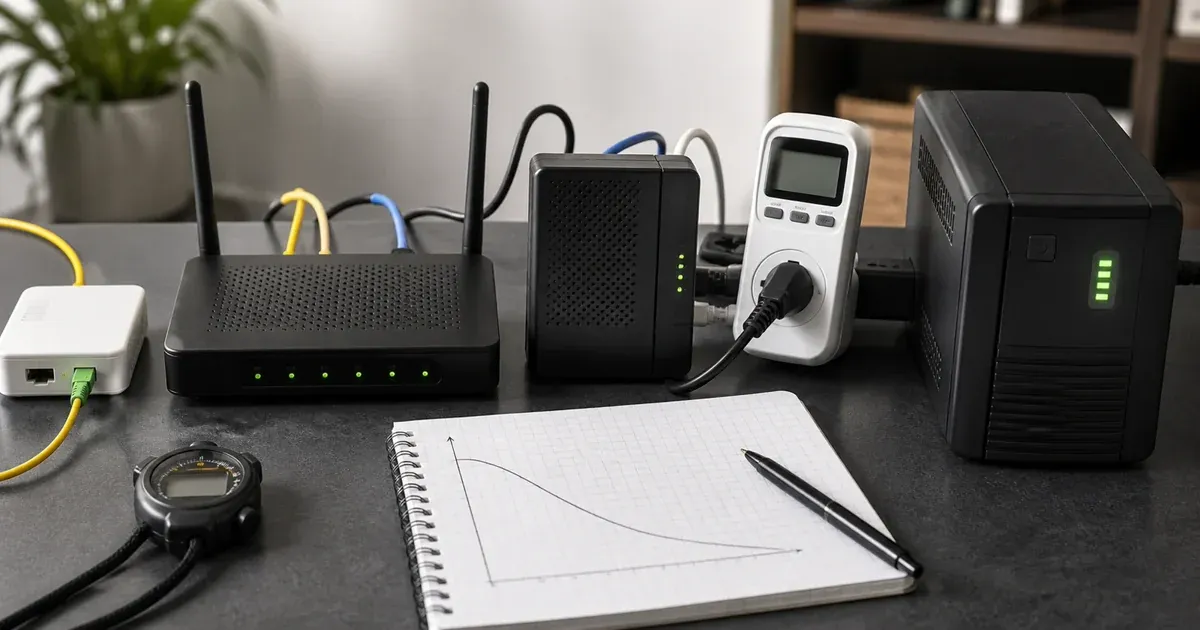 Router, modem, fiber terminal, watt meter, stopwatch, and UPS arranged for a network runtime test