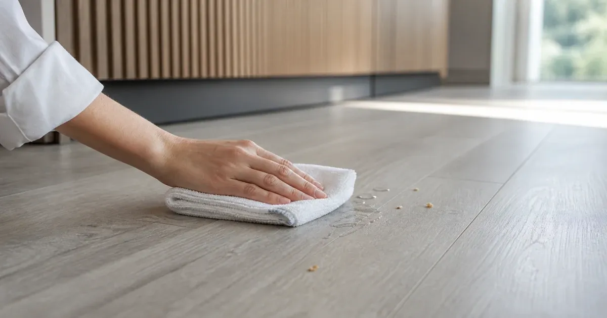 A hand using a folded white microfiber cloth to blot a small spill from gray vinyl plank flooring