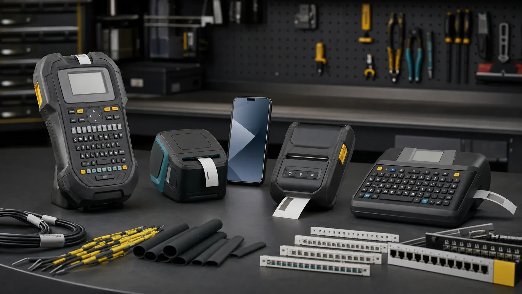 Four styles of portable industrial label printer arranged on a professional workbench