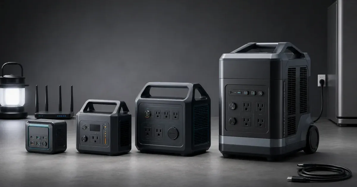 Four generic portable power stations arranged from compact to large home-backup capacity