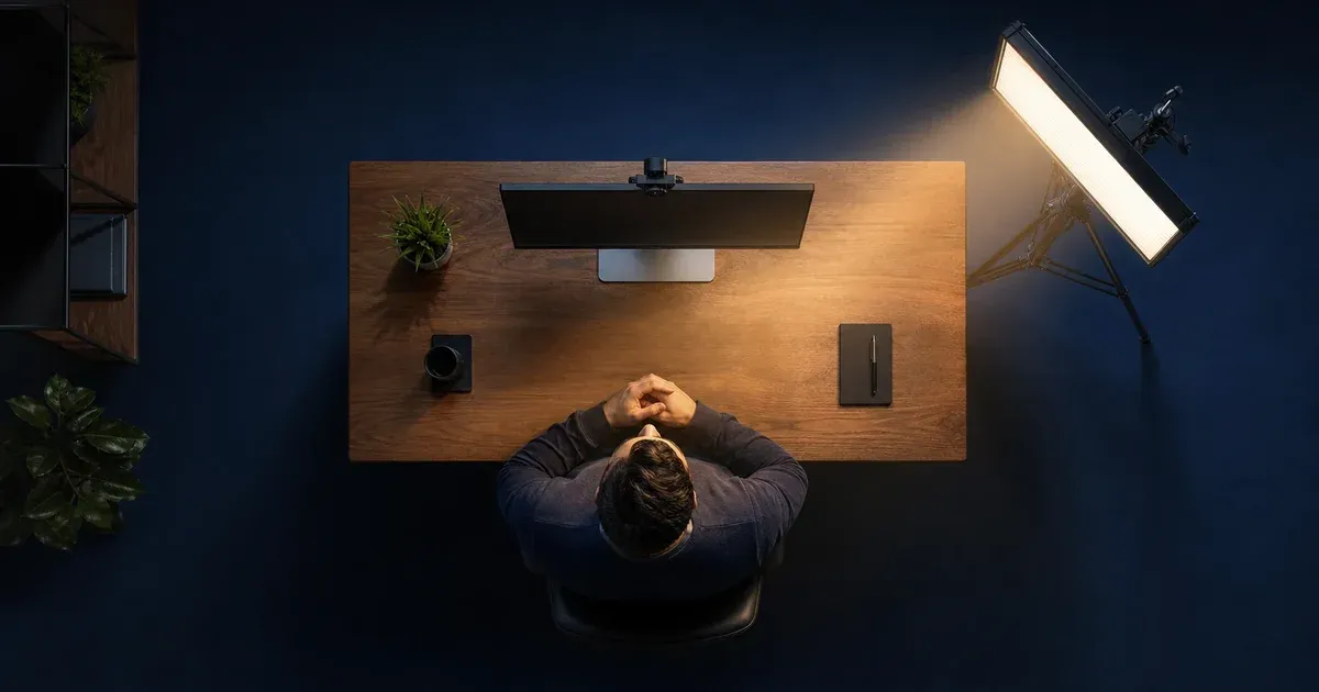 Overhead view of a key light positioned diagonally from a webcam and seated video caller